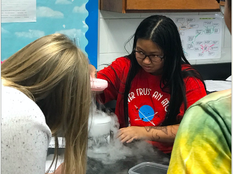 Students working with vapor from dry ice and a fan